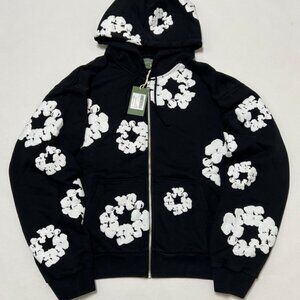 DENIM TEARS Cotton Wreath Zip Hoodie, Black, all-over cotton pattern print, Size
